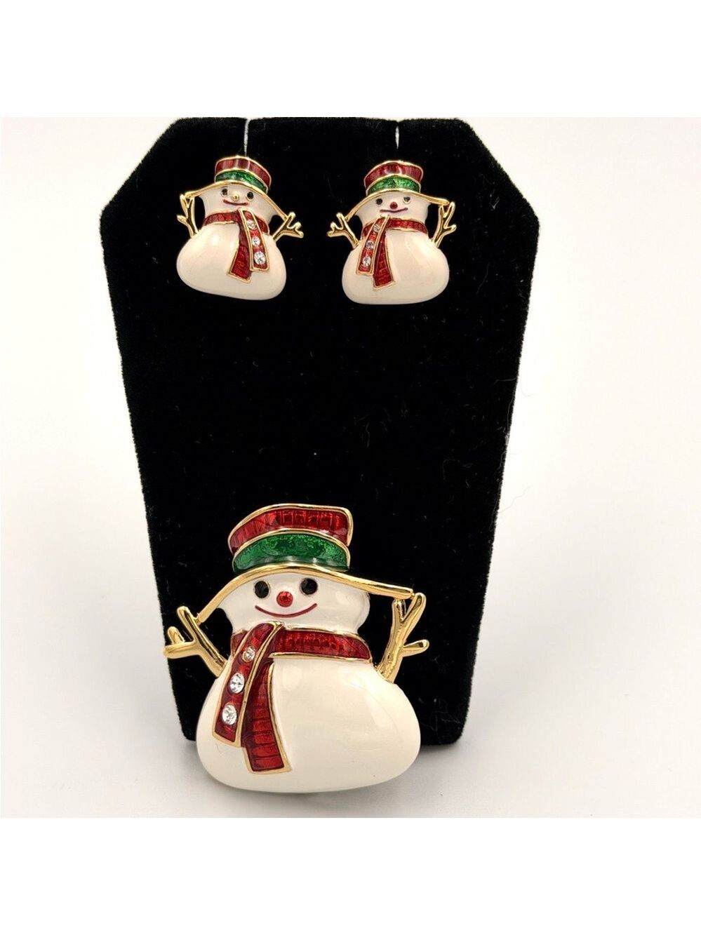 Vintage Snowman Brooch & Earrings Set Enamel